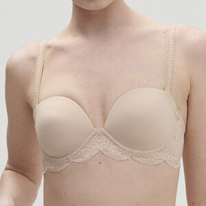 Simone Perele Beige Nude Peau Rose Lace Underwire Karma Strapless Bra 32D